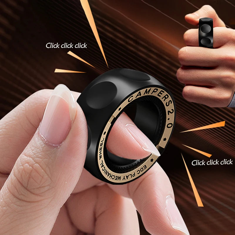A hand is clicking a black magnetic fidget ring with gold accents onto a surface.