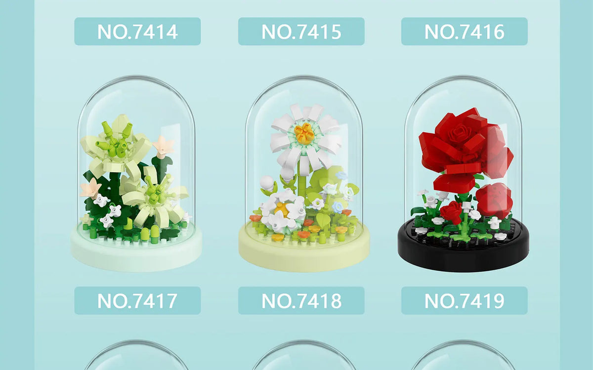 A set of flower bouquet building blocks in various colors and arrangements, including roses, daisies, and greenery.