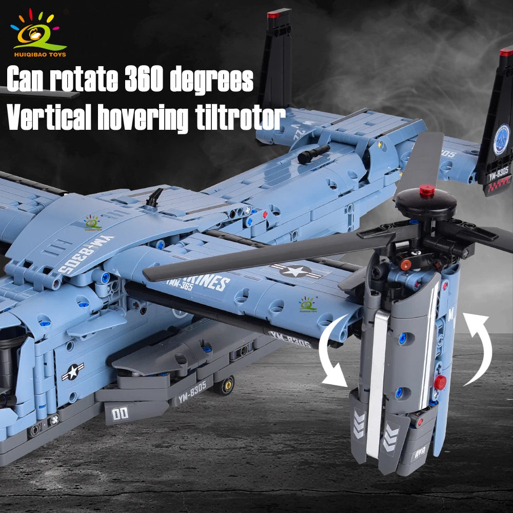 Blue vertical hovering tiltrotor building block set demonstrating 360-degree rotation capability