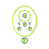 A delicate gold-toned necklace set featuring five green gemstone pendants and a beaded chain.