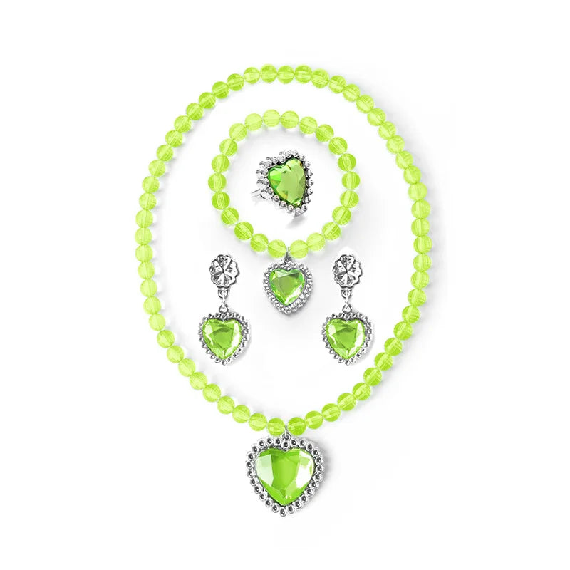 A delicate gold-toned necklace set featuring five green gemstone pendants and a beaded chain.