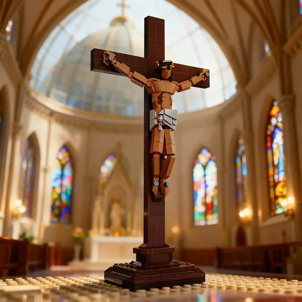 A wooden crucifix made of building blocks stands on a floor in a church interior.