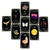 A collection of black oracle cards featuring illustrations for various themes like Wisteria, Halloween, and Full Moon.