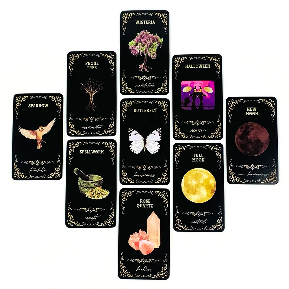 A collection of black oracle cards featuring illustrations for various themes like Wisteria, Halloween, and Full Moon.
