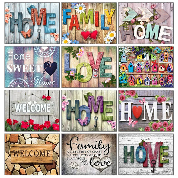 Letreros de madera y diseños florales con palabras como Hogar, Familia, Amor y Bienvenida para pintura de diamantes