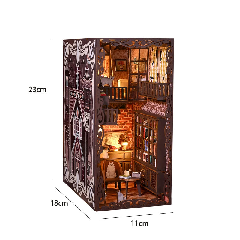 A dark brown wooden miniature dollhouse kit featuring detailed architecture and furniture.