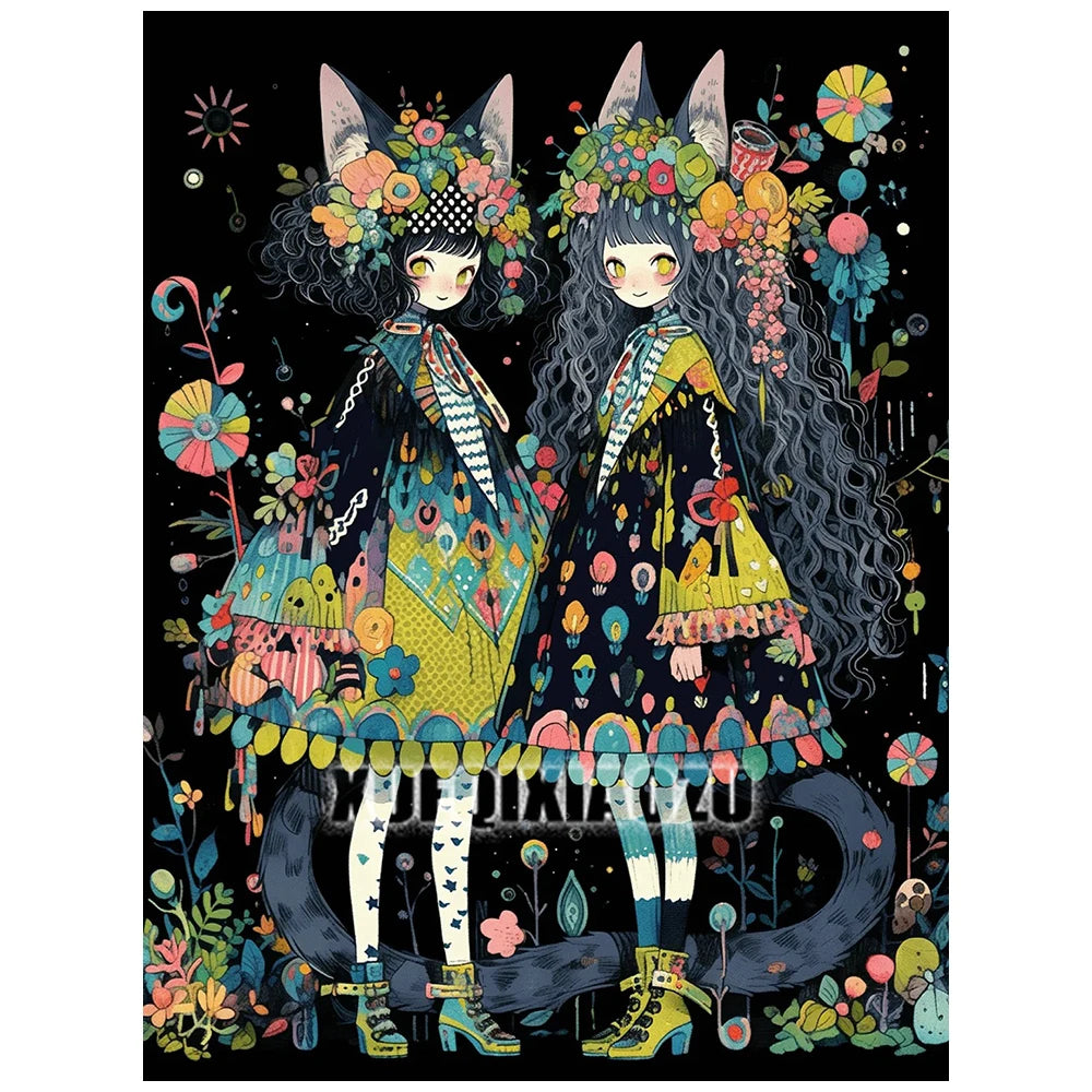 A diamond painting kit featuring two stylized girls with long dark hair and floral accessories against a black background.