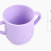 A purple BPA-free silicone snack cup with volume markings is shown against a white background.