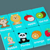 A set of wooden farm and fruit matching puzzle game tiles featuring animals like a monkey, lion, rabbit, and panda, along wit