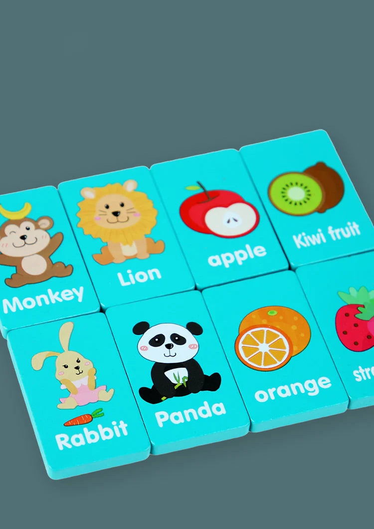 A set of wooden farm and fruit matching puzzle game tiles featuring animals like a monkey, lion, rabbit, and panda, along wit