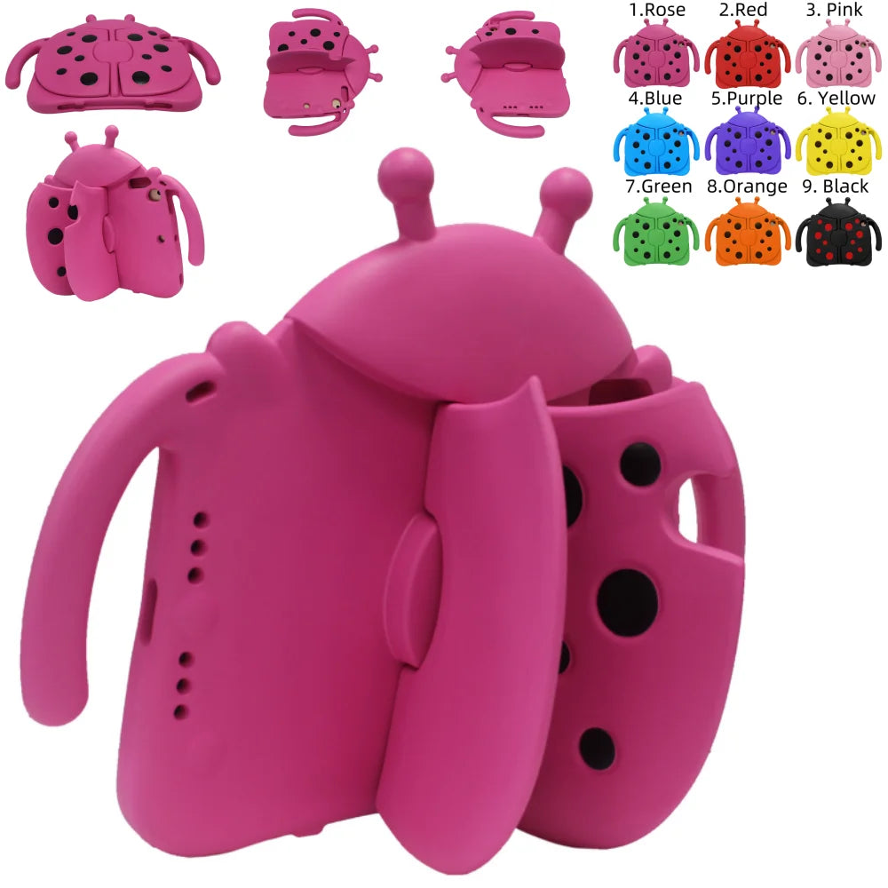 A pink playful cartoon EVA shockproof case for an iPad shown with various color options.