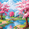 A vibrant painting of a cherry blossom landscape featuring pink trees, a wooden bridge over water, and lush greenery.