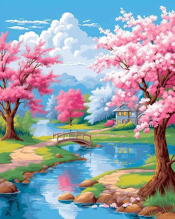 A vibrant painting of a cherry blossom landscape featuring pink trees, a wooden bridge over water, and lush greenery.