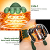 A green hand neck massager is shown applying heat compress and kneading to the skin.