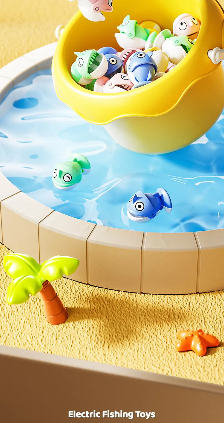 A yellow plastic bowl filled with colorful plastic fish is shown above a shallow blue water surface.