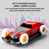 A red stunt car with white wheels is shown, featuring dynamic music and simulated racing sound effects.