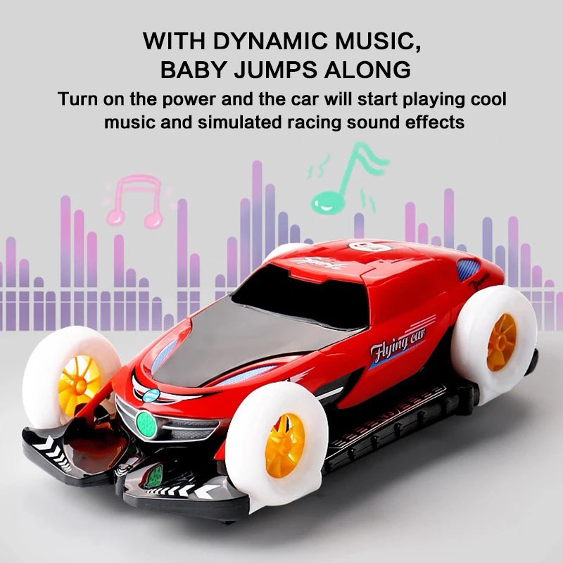 A red stunt car with white wheels is shown, featuring dynamic music and simulated racing sound effects.