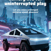 A white high-speed off-road RC cyber truck with LED lights is featured against a dark, futuristic cityscape background.