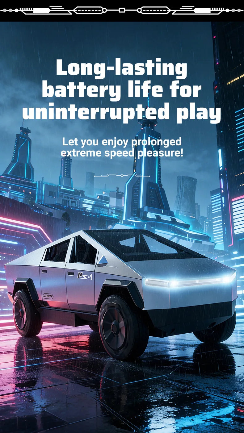 A white high-speed off-road RC cyber truck with LED lights is featured against a dark, futuristic cityscape background.