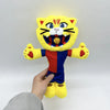 A yellow cat mascot plush toy with black stripes and a football design, held by a person's hand.