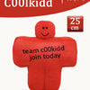 A red plush toy shaped like a person, with text on it inviting people to join the team.