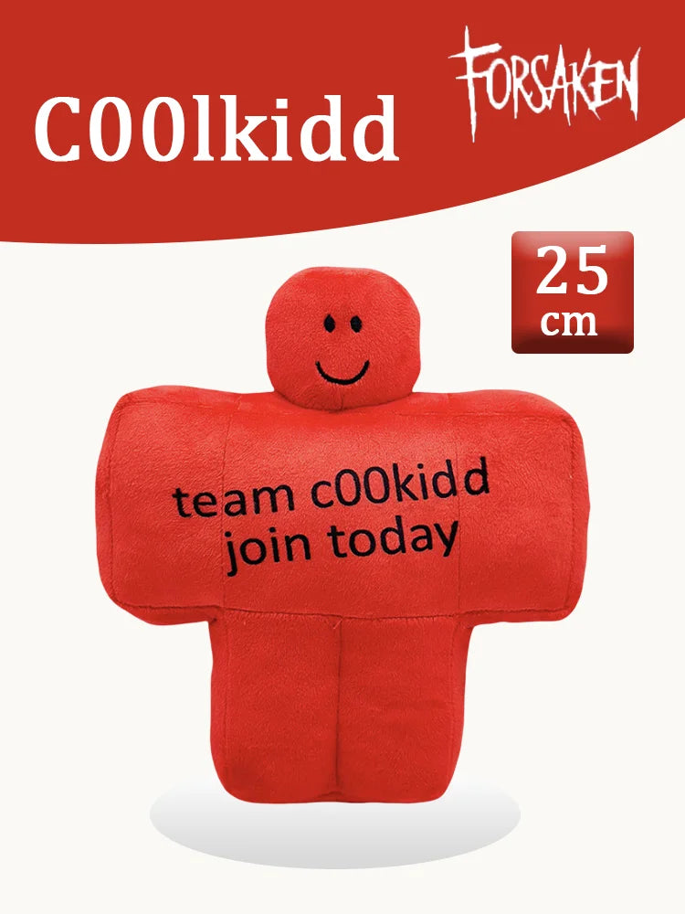 A red plush toy shaped like a person, with text on it inviting people to join the team.