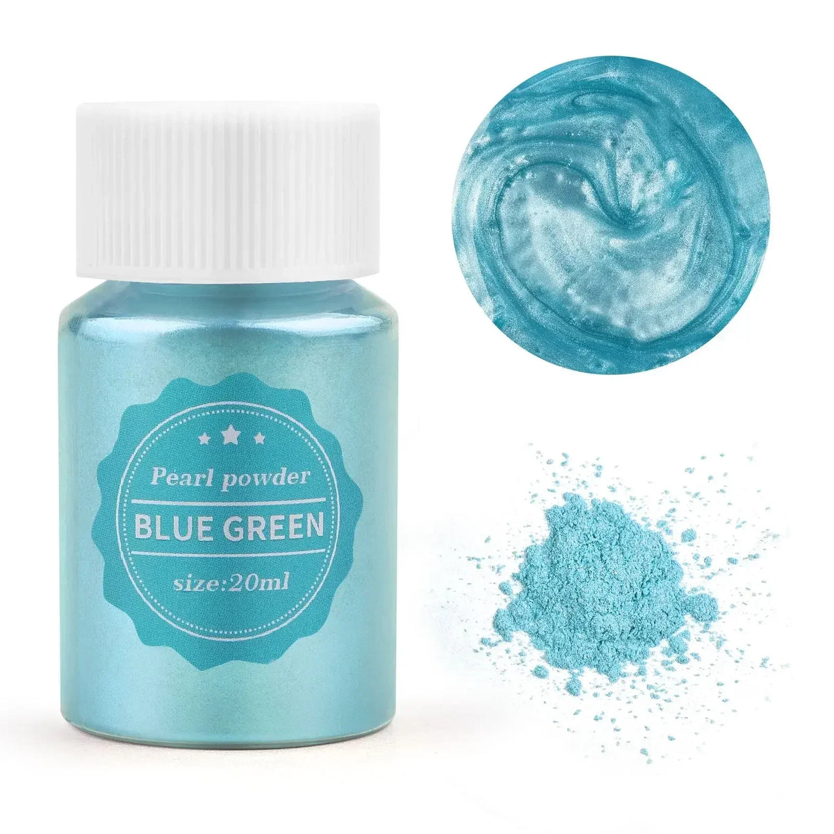 A glass jar of blue green pearl powder with a swirling texture and a pile of the same powder nearby.