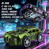 A green 2-in-1 unmanned aerial vehicle is shown alongside its transformed land vehicle in a futuristic setting.