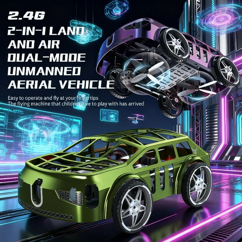 A green 2-in-1 unmanned aerial vehicle is shown alongside its transformed land vehicle in a futuristic setting.