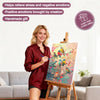 A woman holds a painting of birds and flowers on an easel, promoting stress relief and handmade gifts.