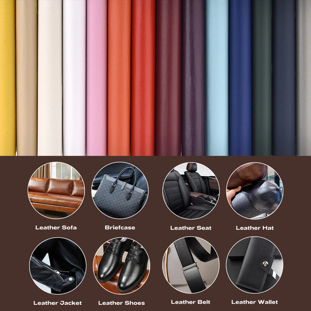 A collection of self-adhesive PU leather repair patches for sofa, bags, and garments shown in various colors.