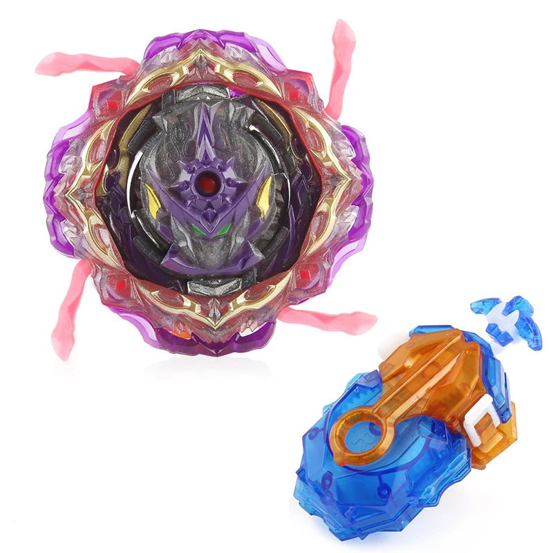 A metal spinning top battle set featuring a purple and gold decorative shell with a blue launcher component.