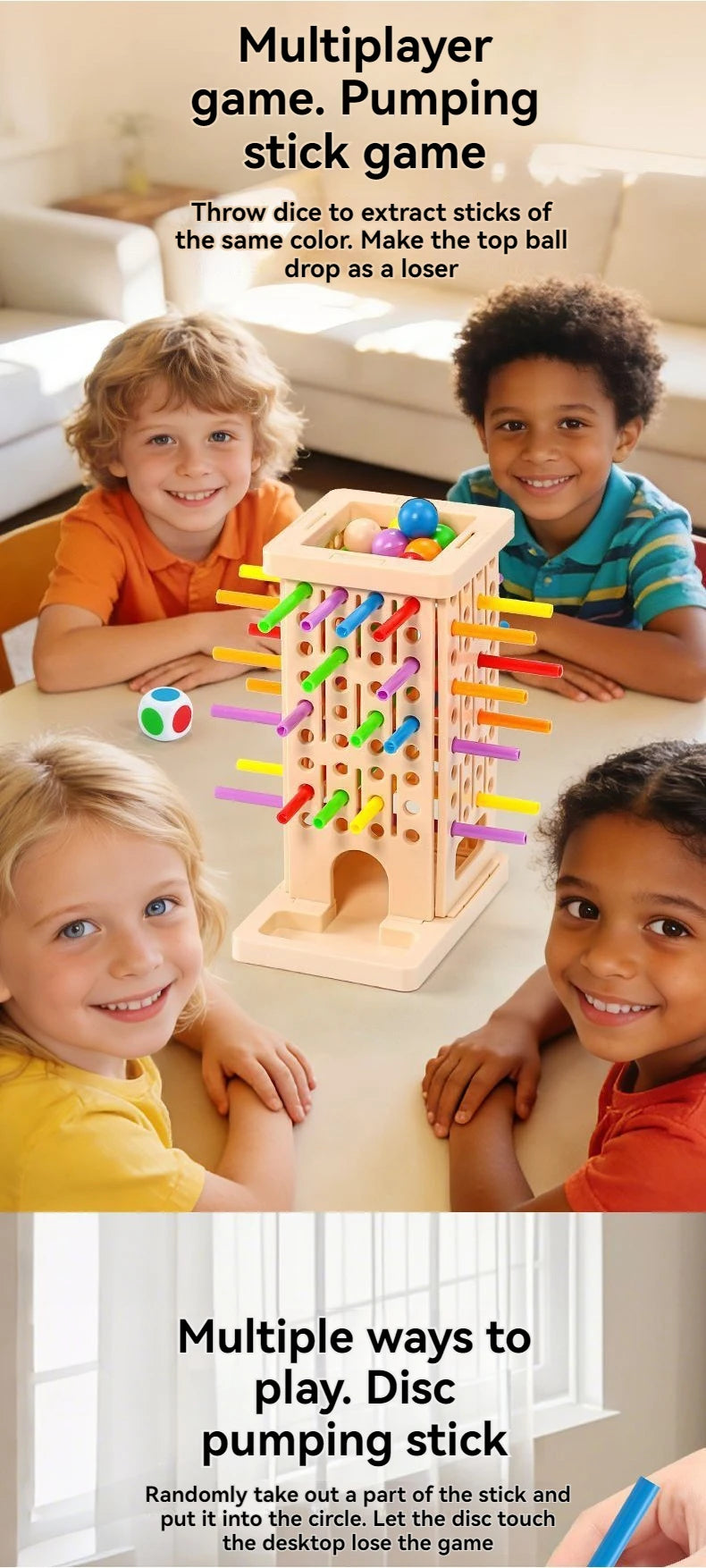 A group of children playing a wooden pumping stick game with colorful sticks and balls.