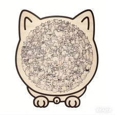 A wooden cat-shaped jigsaw puzzle featuring a dense pattern of various cats.
