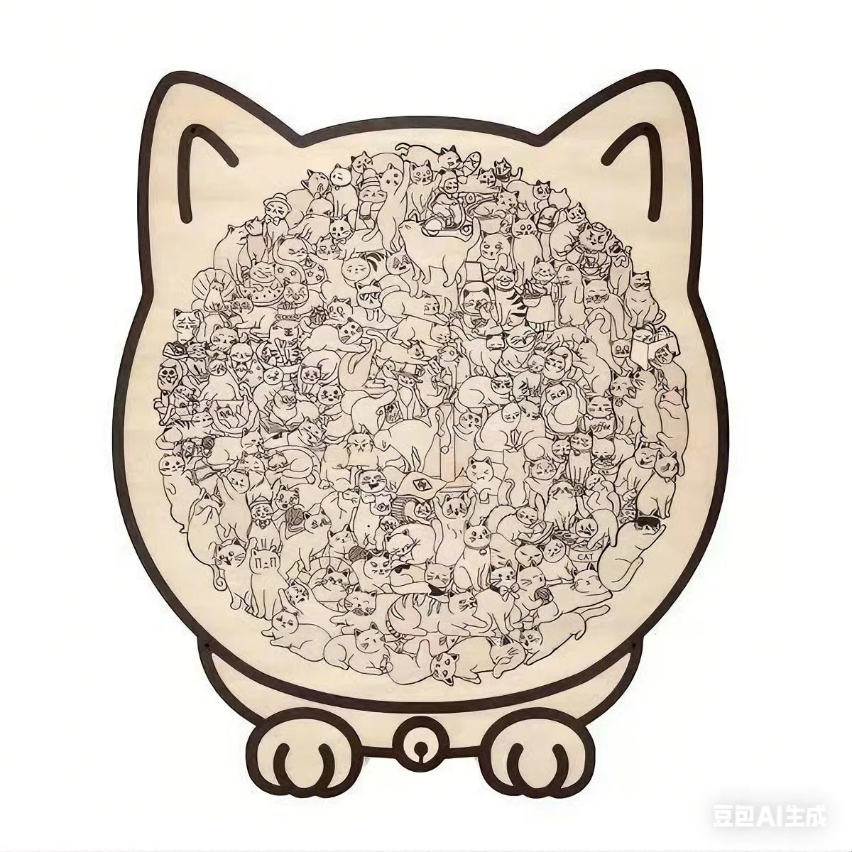 A wooden cat-shaped jigsaw puzzle featuring a dense pattern of various cats.