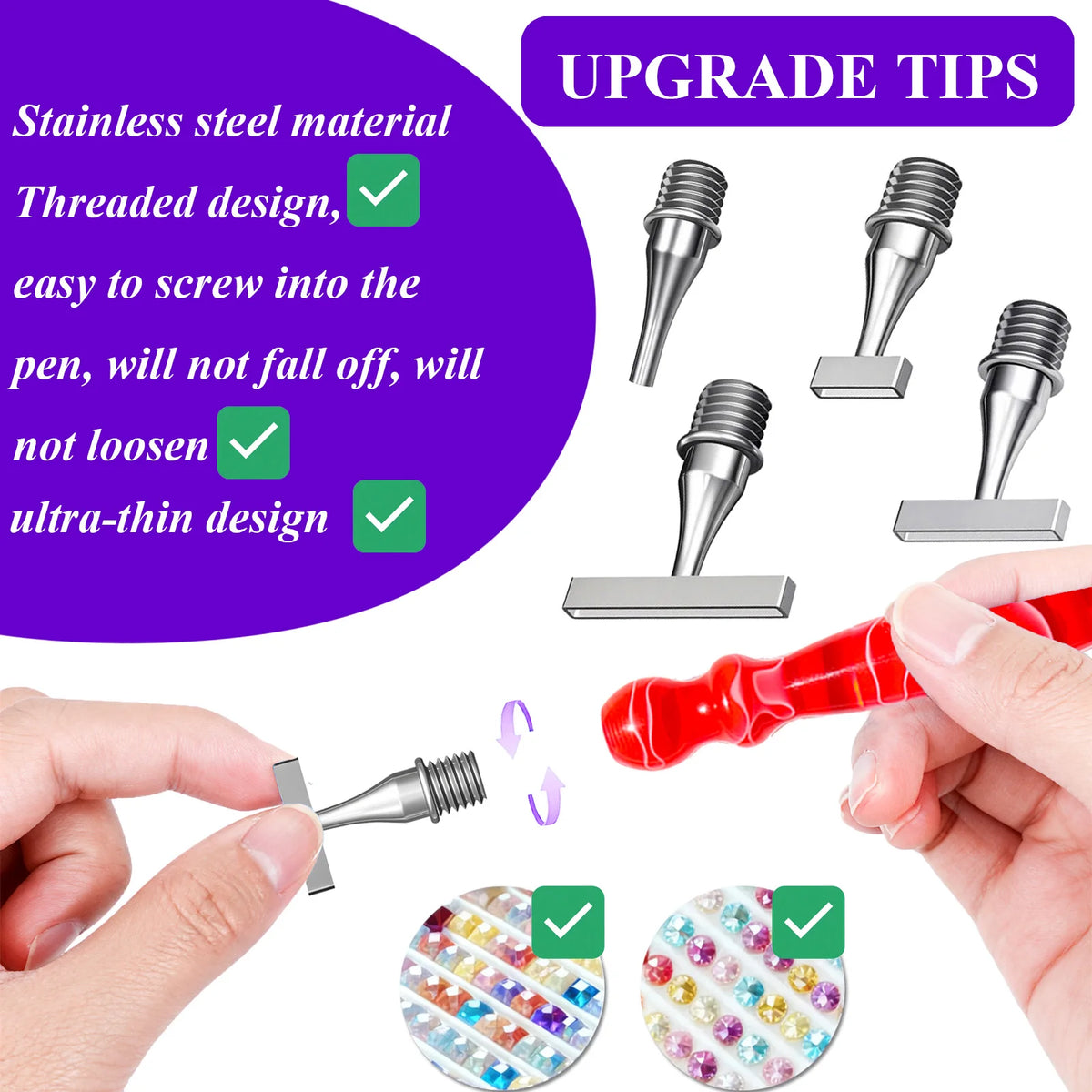 Image showing upgrade tips for an ergonomic resin diamond art pen with interchangeable stainless steel tips and various tip s