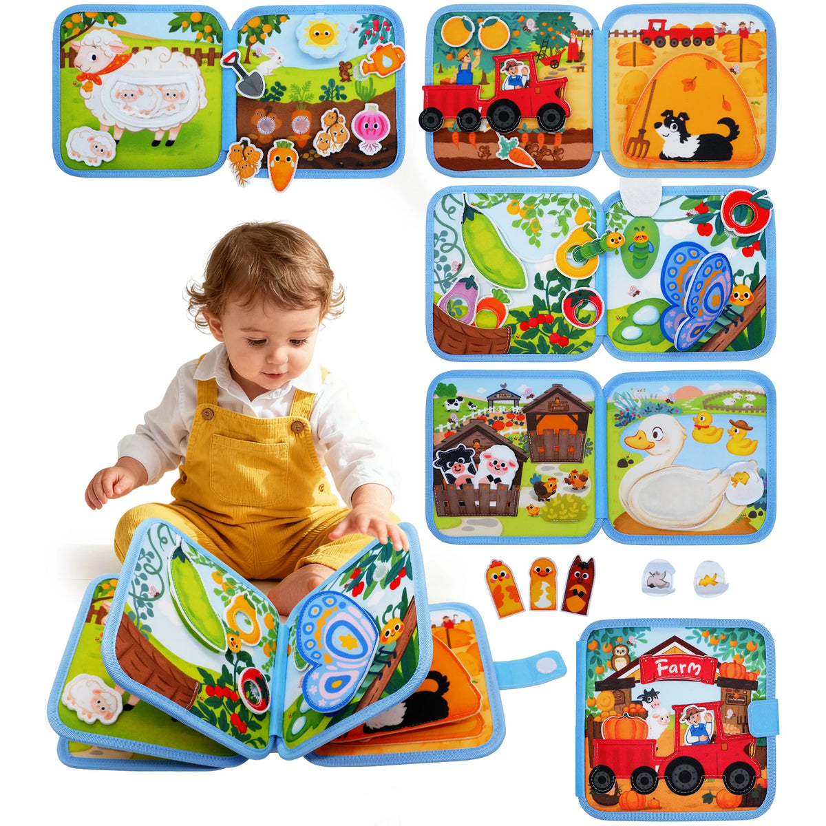 A set of Montessori felt busy books for toddlers featuring various farm and nature learning activities.
