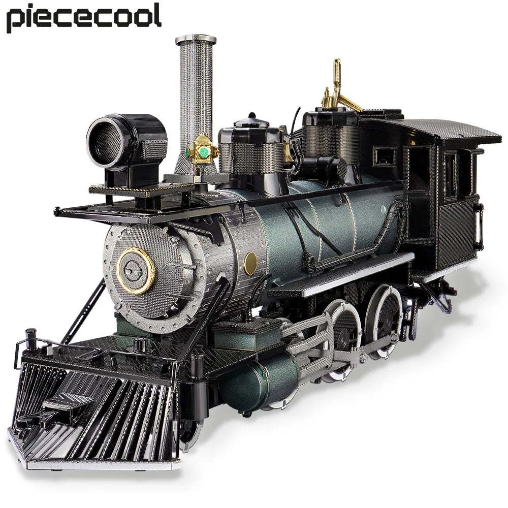 A detailed black and bronze 3D metal steam locomotive model kit with pipes and machinery.