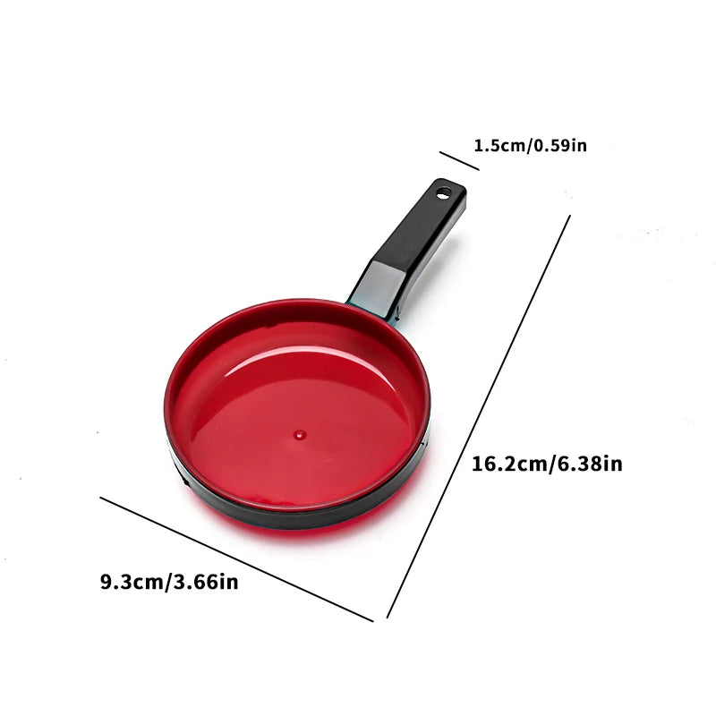 A red kids play kitchen cooking set with a pan and lid shown with dimension lines.
