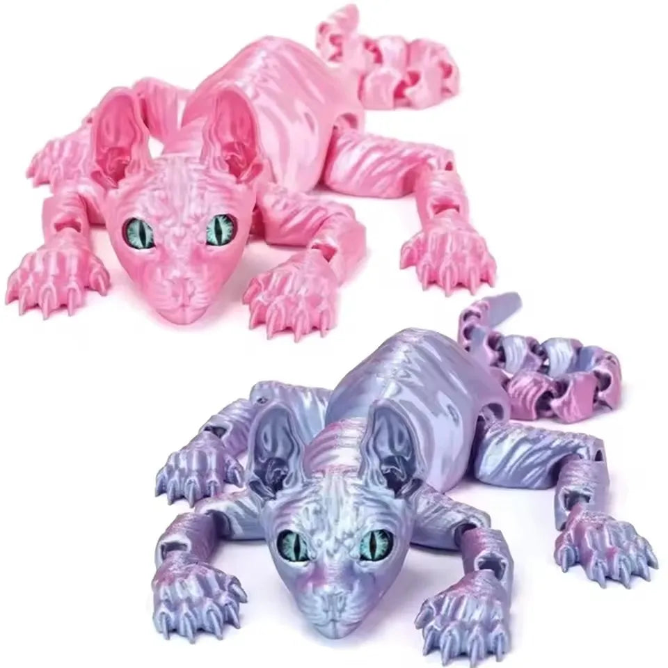 A pink articulated 3D printed Sphynx cat figurine with green eyes.