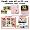 Pink instant print camera with dual lens and fun filters, showing various photo and game options.