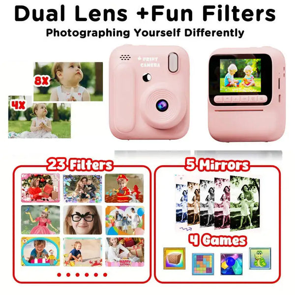Pink instant print camera with dual lens and fun filters, showing various photo and game options.