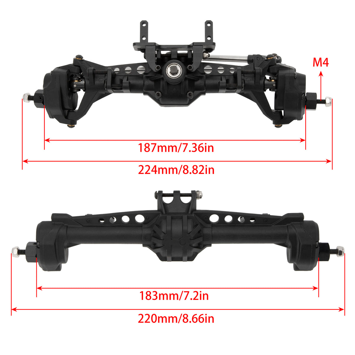 Black nylon portal axles for an SCX10 RC crawler, shown with dimensions.