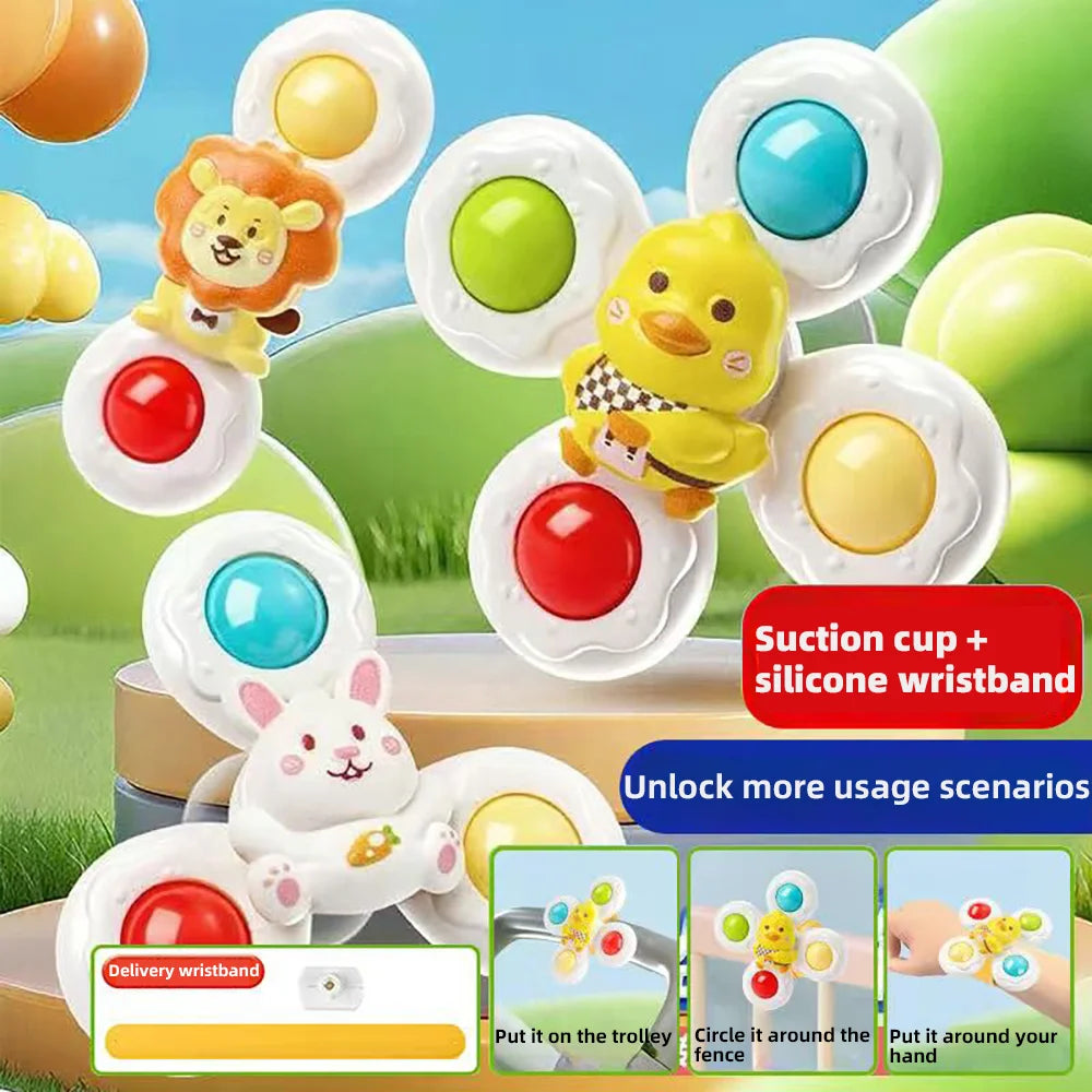 A set of spinning bath toys featuring yellow and orange animals for toddlers with silicone wristbands.