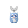 A cute blue panda-shaped electric toothbrush with a U-shaped head and a silver brush, featuring a timer and blue light.