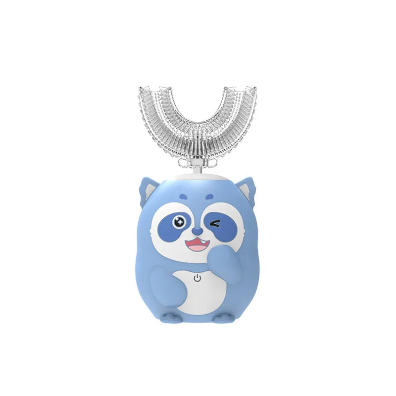 A cute blue panda-shaped electric toothbrush with a U-shaped head and a silver brush, featuring a timer and blue light.