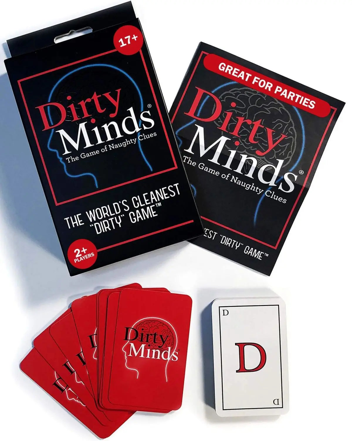 A box of Dirty Minds party game cards and a single playing card are shown on a white surface.
