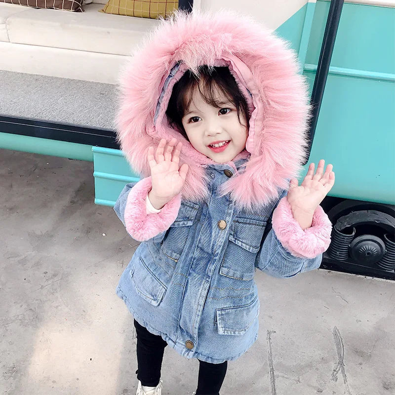 A young girl wearing a blue denim jacket with a pink faux fur collar and black pants.