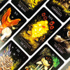 A collection of tarot cards featuring mystical mushroom imagery and celestial themes like the moon sun and hermits