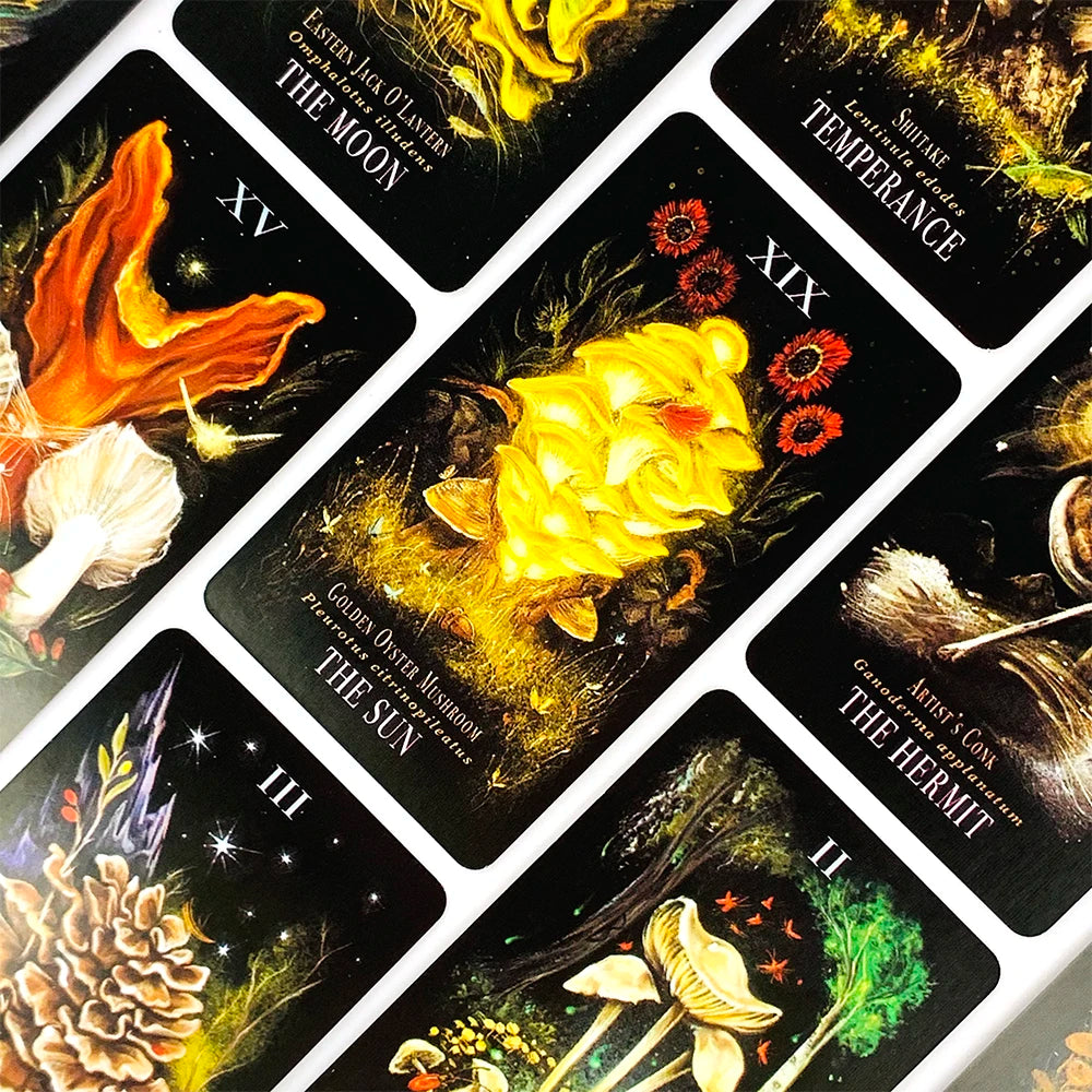 A collection of tarot cards featuring mystical mushroom imagery and celestial themes like the moon sun and hermits